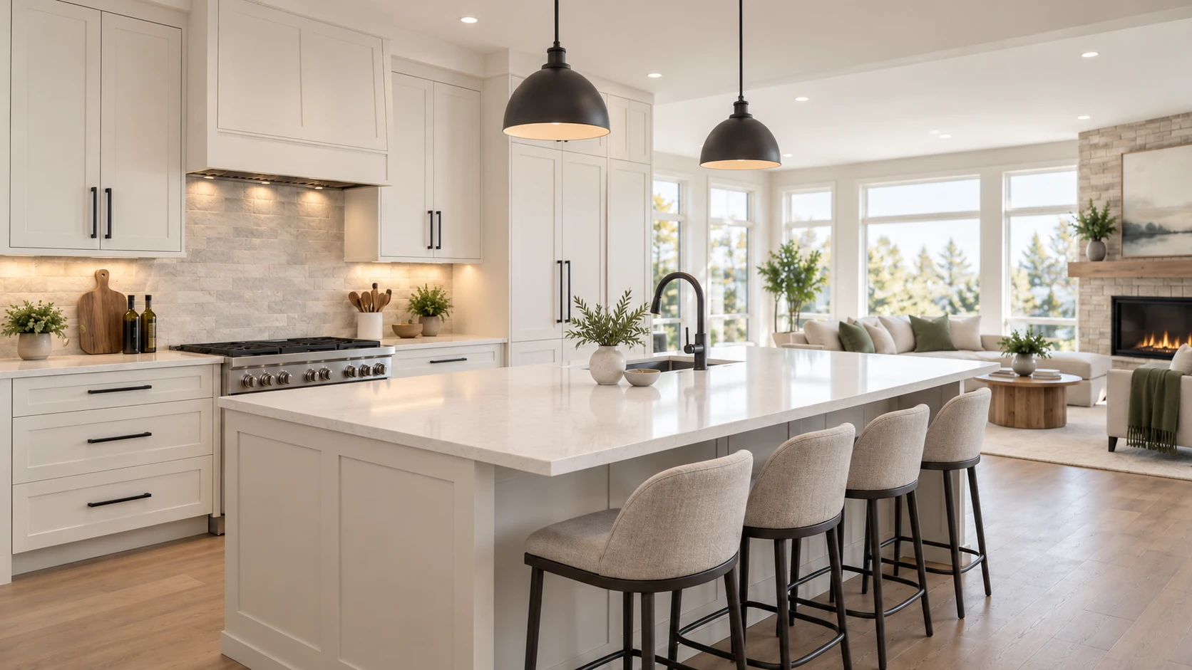 Bright kitchen and adjoining living room with white cabinetry, a quartz island, charcoal fixtures and muted green accents
