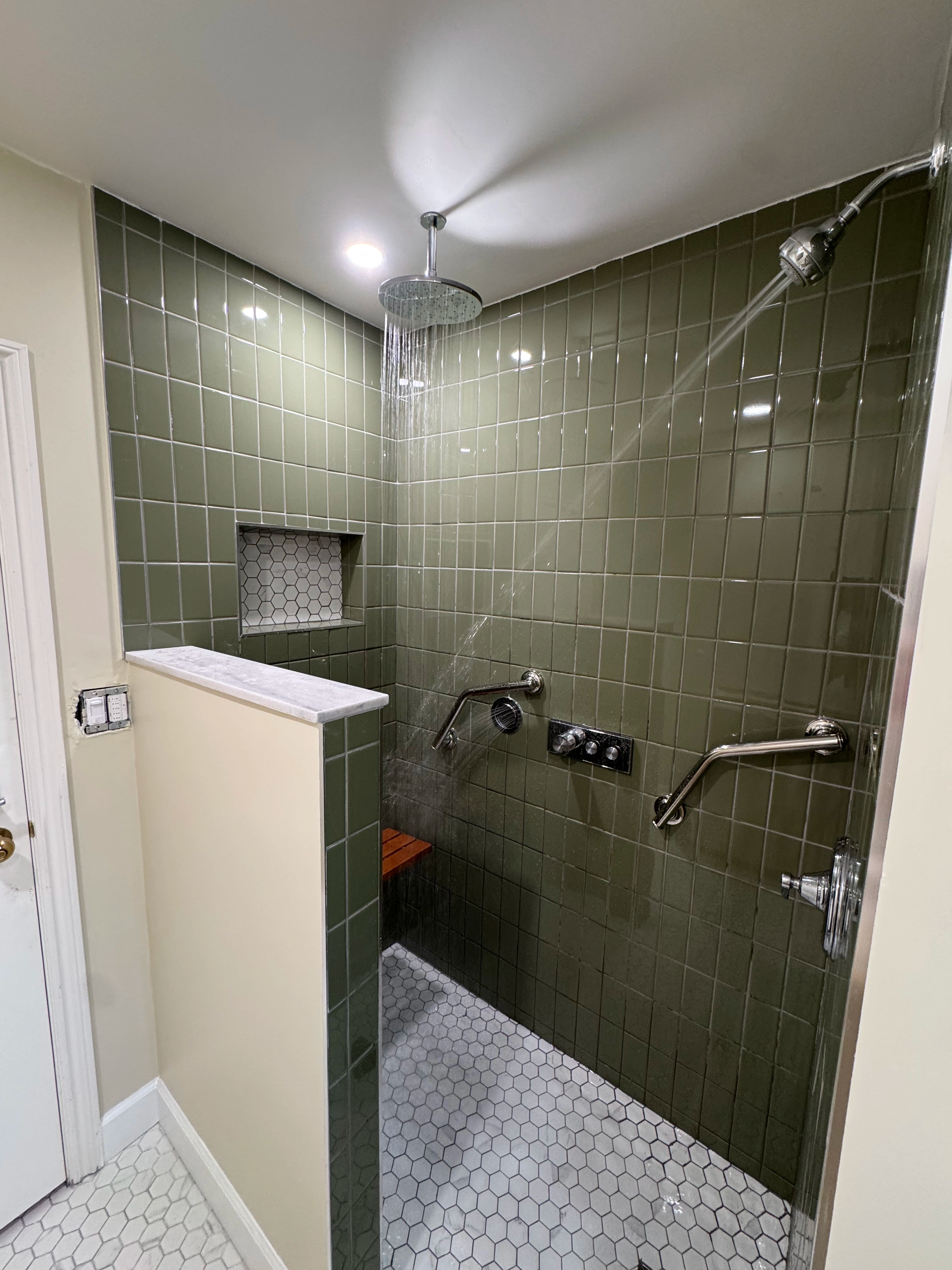 green tile bath and mudroom by CVR Construction
